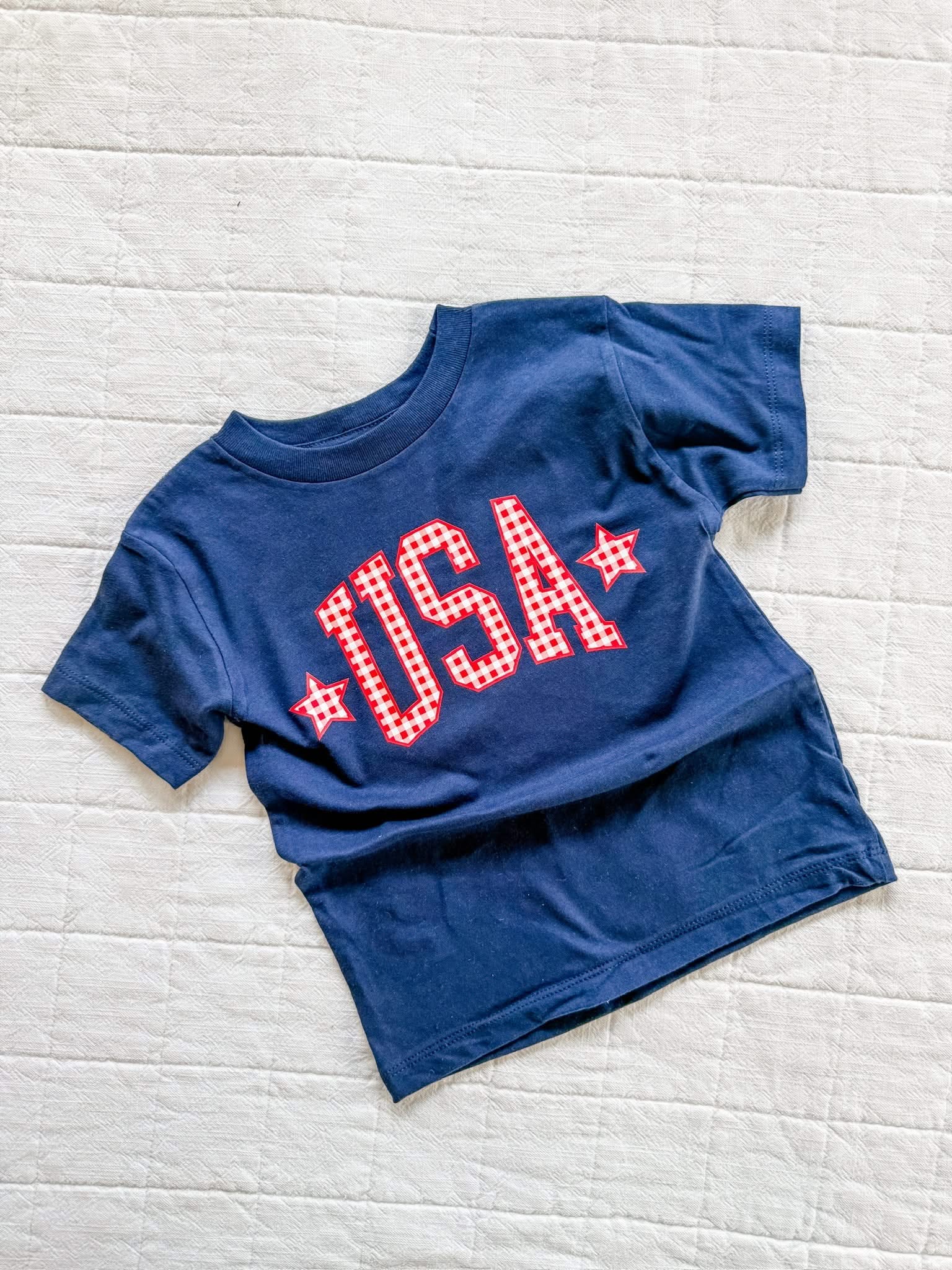 Blue USA shirt for kids with gingham design, comfortable and festive 4th of July outfit