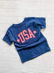 Blue USA shirt for kids with gingham design, comfortable and festive 4th of July outfit