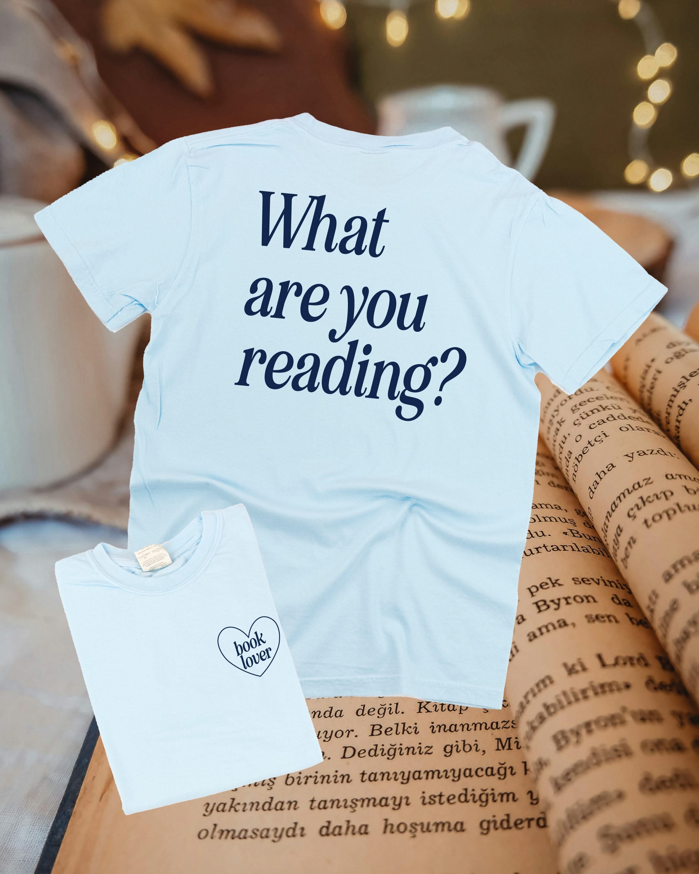 Youth comfort colors tee in chambray w/ navy detail with a 'book lover' heart graphic on the front and 'What are you reading?' graphic on back, shown on flat lay – Little Mama Shirt Shop