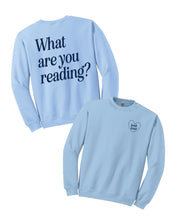 Basic Fleece in light blue w/ navy detail with a 'book lover' heart graphic on the front and 'What are you reading?' graphic on back, shown on flat lay– Little Mama Shirt Shop