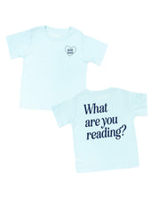 Child tee in ice blue w/ navy with a 'book lover' heart graphic on the front and 'What are you reading?' graphic on back, shown on flat lay – Little Mama Shirt Shop