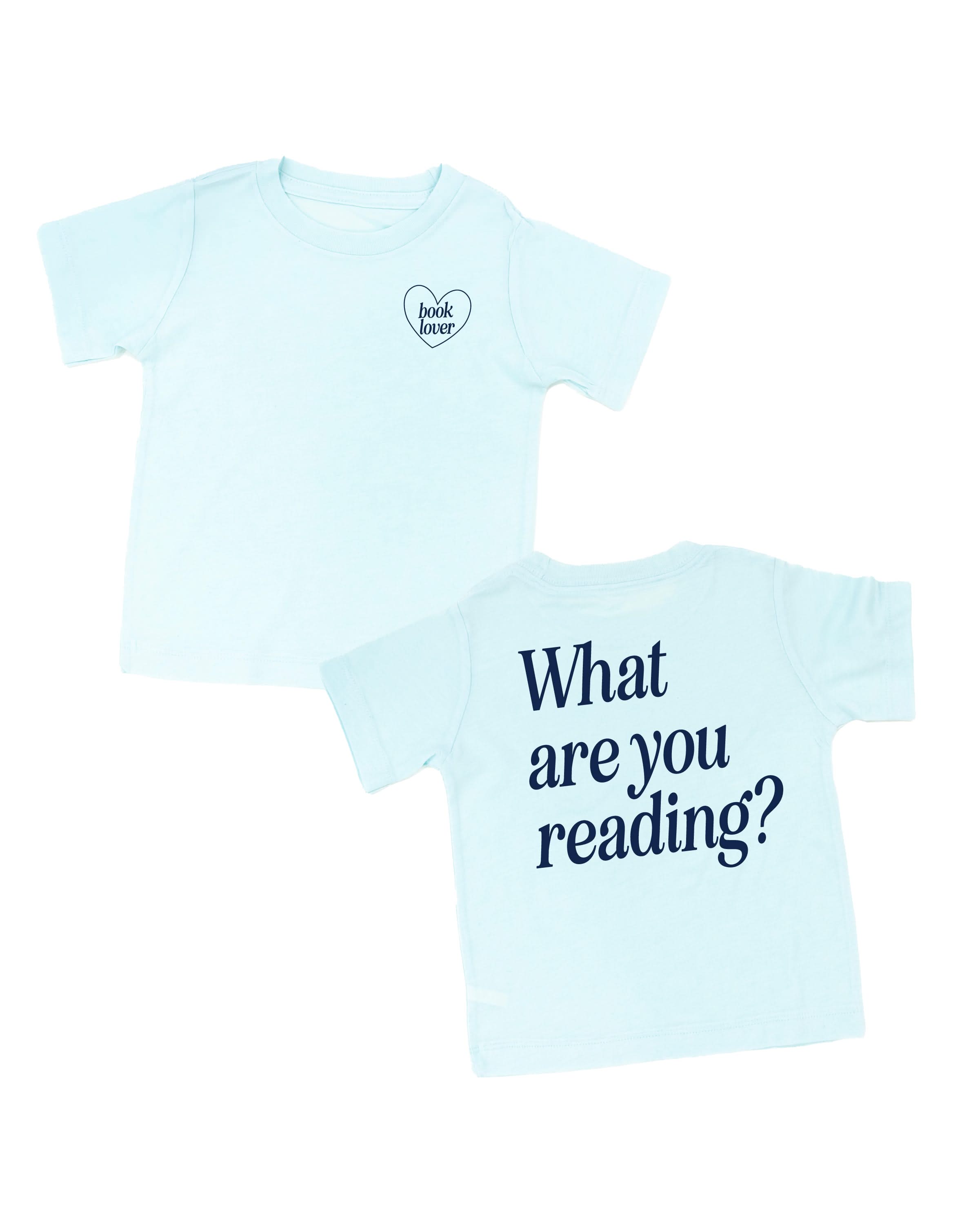  navy with a 'book lover' heart graphic on the front and 'What are you reading?' graphic on back, shown on flat lay – Little Mama Shirt Shop