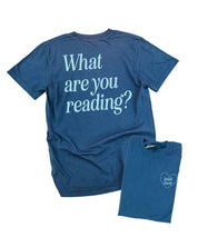 Comfort colors tee in midnight navy w/ light blue detail with a 'book lover' heart graphic on the front and 'What are you reading?' graphic on back, shown on flat lay – Little Mama Shirt Shop