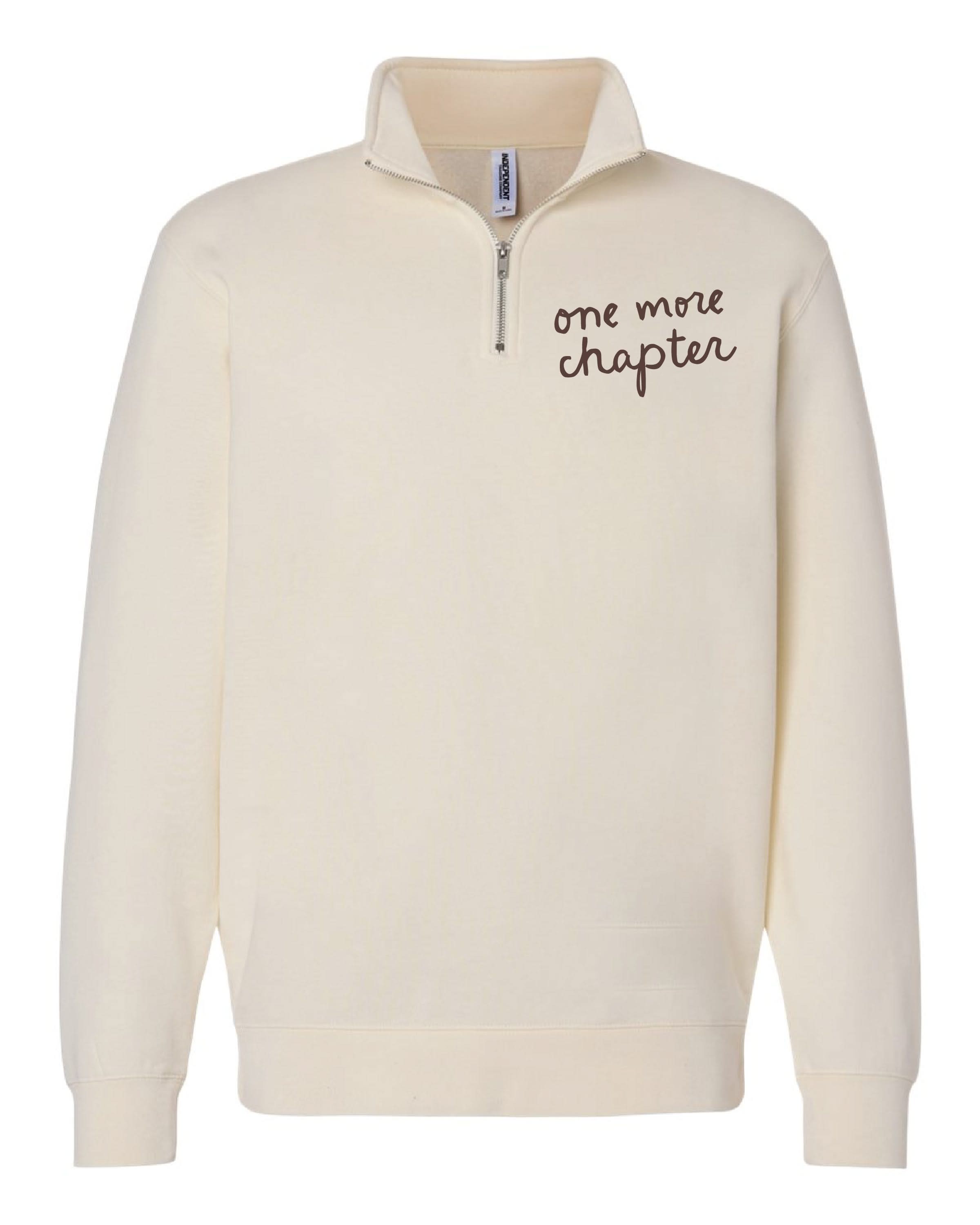 'one more chapter' book quarter zip in bone front shown on flat lay – Little Mama Shirt Shop