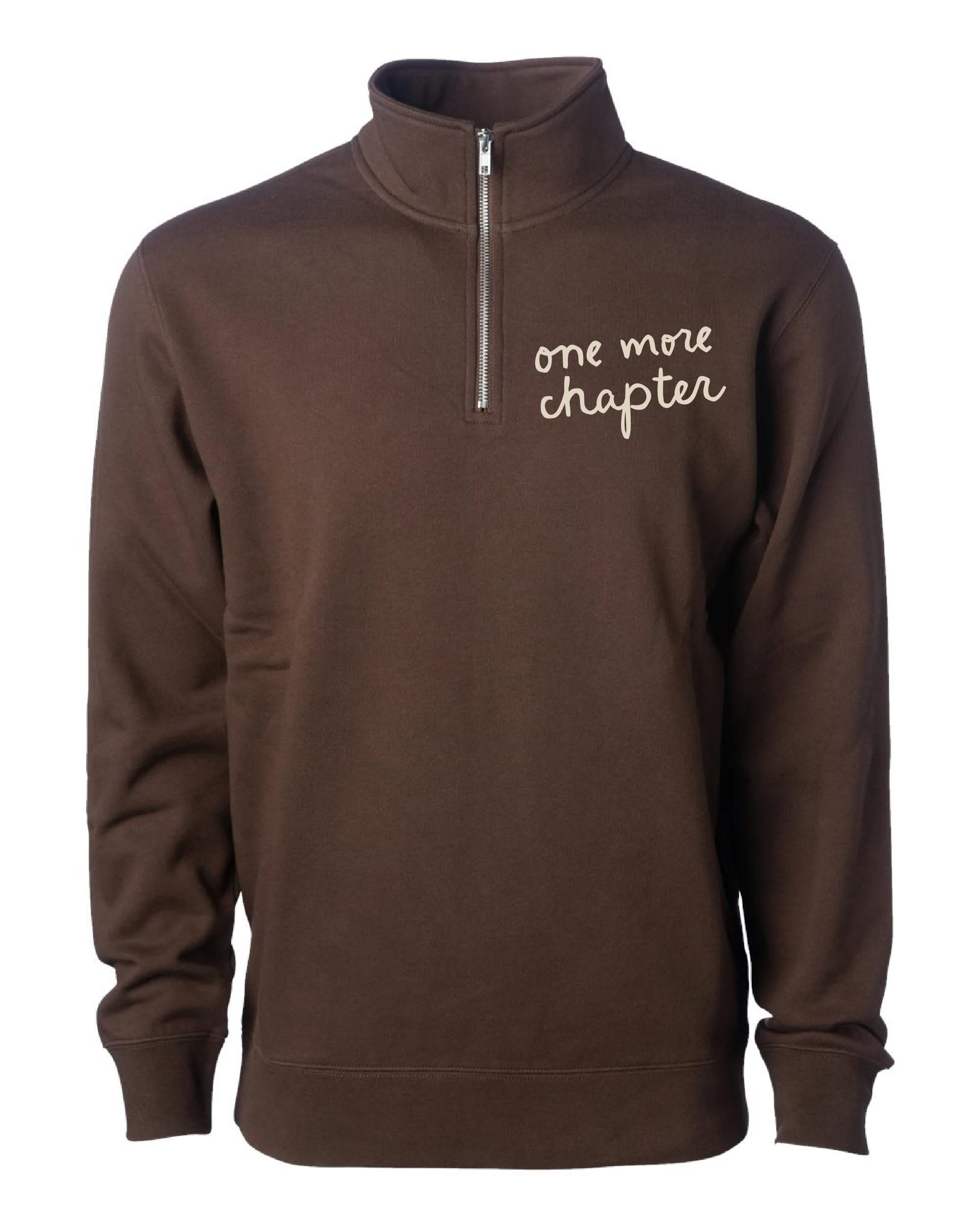 'one more chapter' book quarter zip in brown front shown on flat lay – Little Mama Shirt Shop