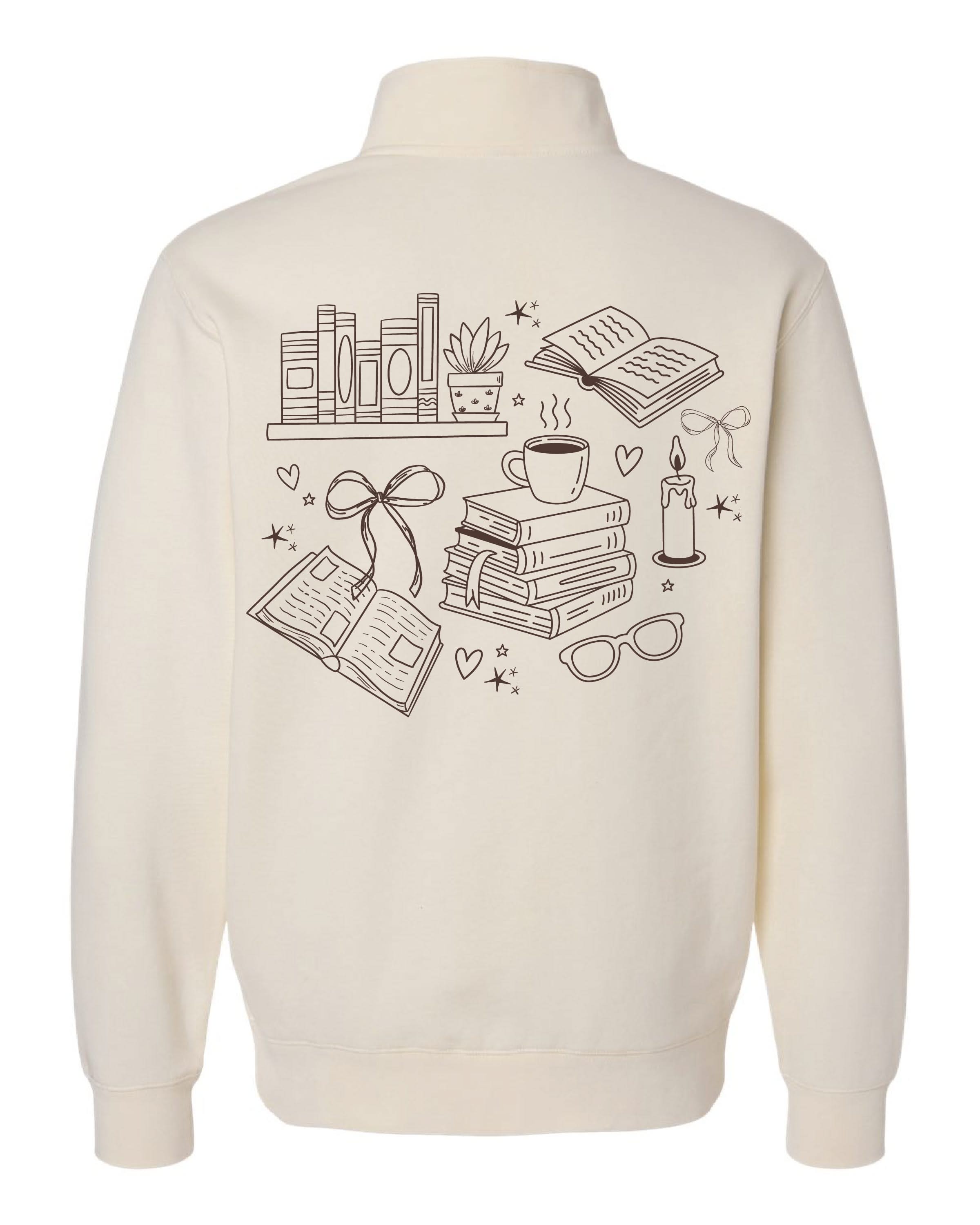'one more chapter' book quarter zip in bone back design shown on flat lay – Little Mama Shirt Shop