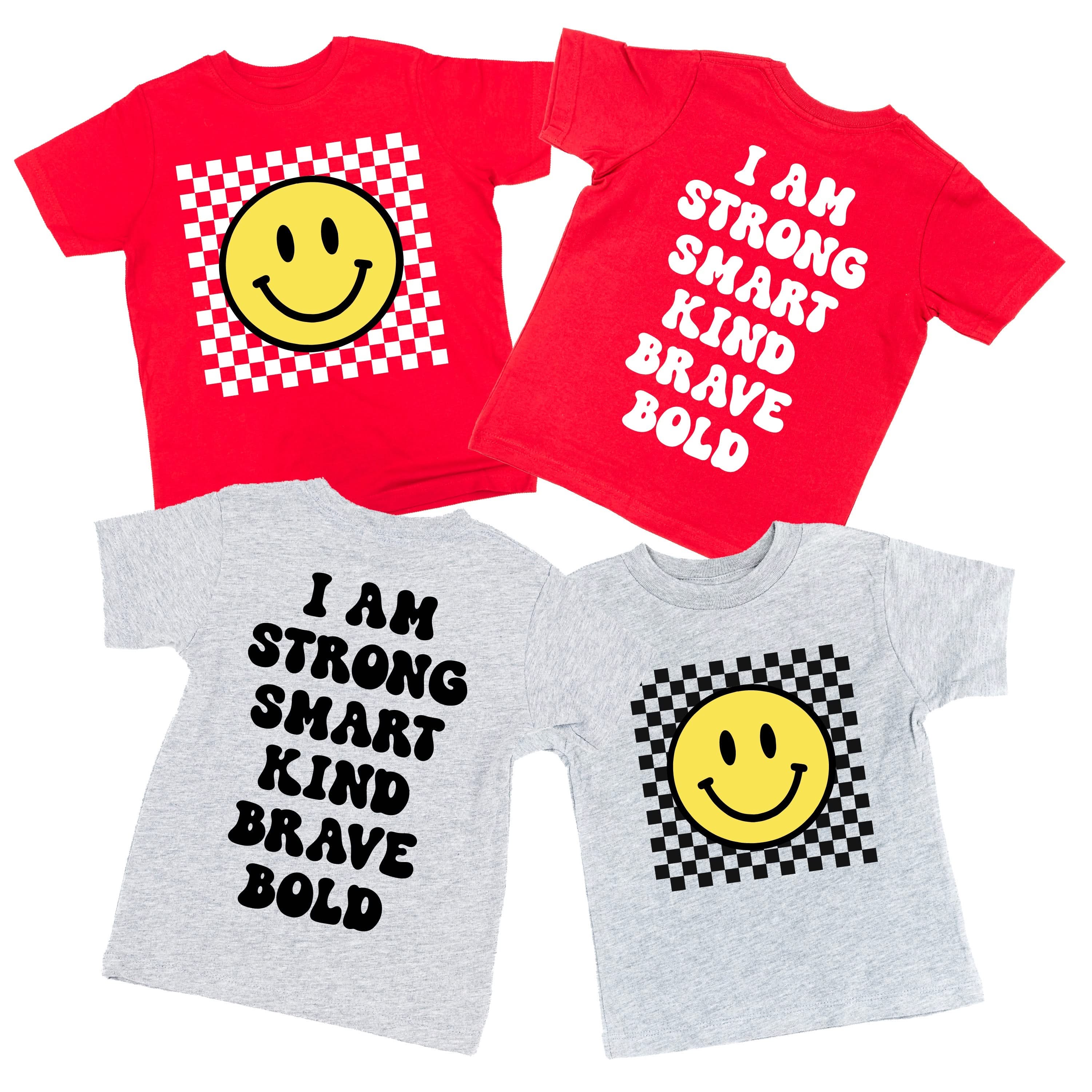 Big Yellow Checker Smiley - I am Strong Smart Kind Brave Bold (f & b) - Child Tee Little Mama Shirt Shop