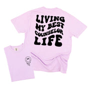 Living My Best Counselor Life - Melty Smiley (pf & b) - Comfort Colors Tee Little Mama Shirt Shop