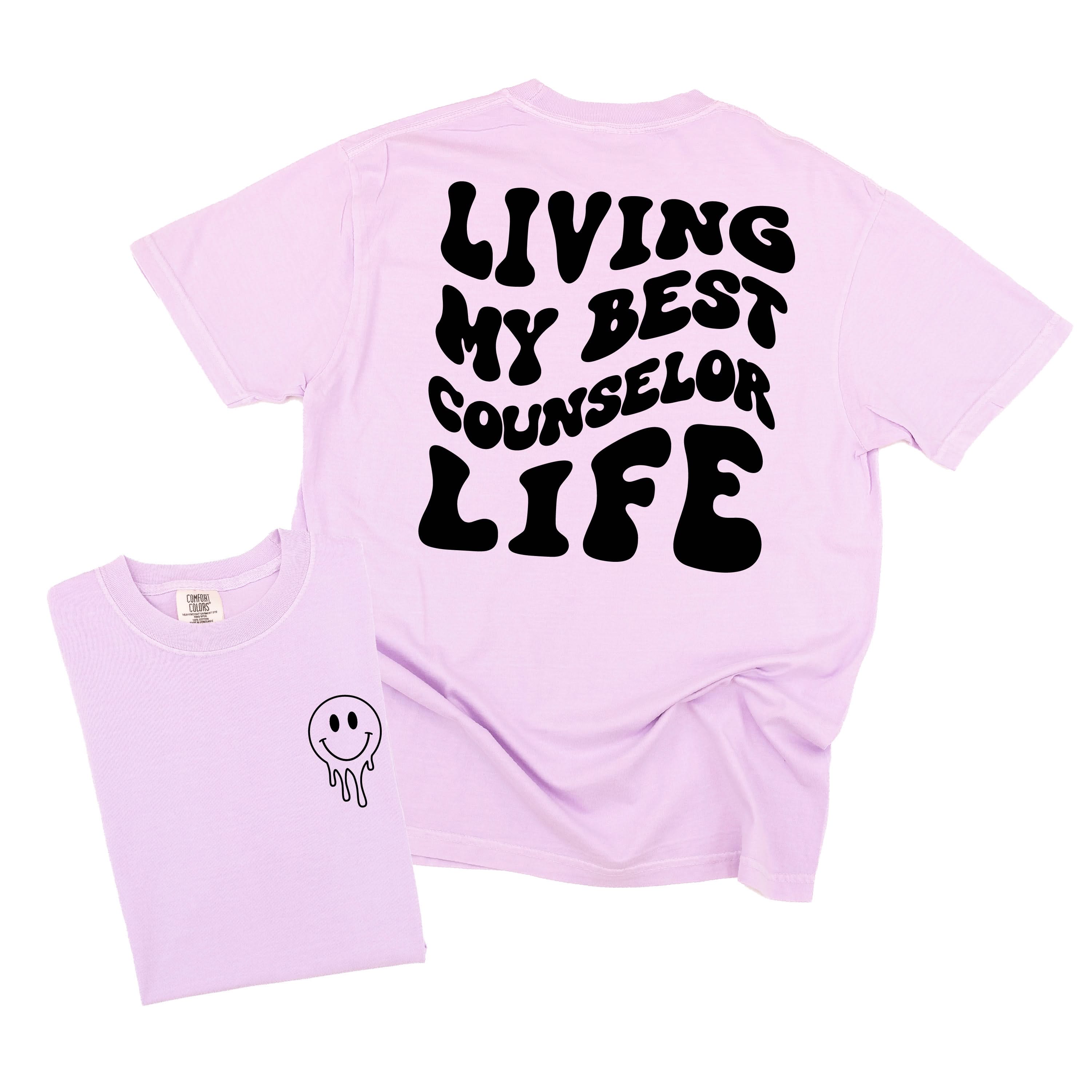 Living My Best Counselor Life - Melty Smiley (pf & b) - Comfort Colors Tee Little Mama Shirt Shop