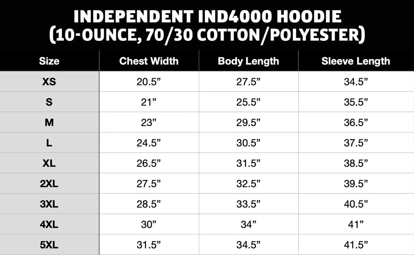 Independent IND4000 Hoodie Size Chart