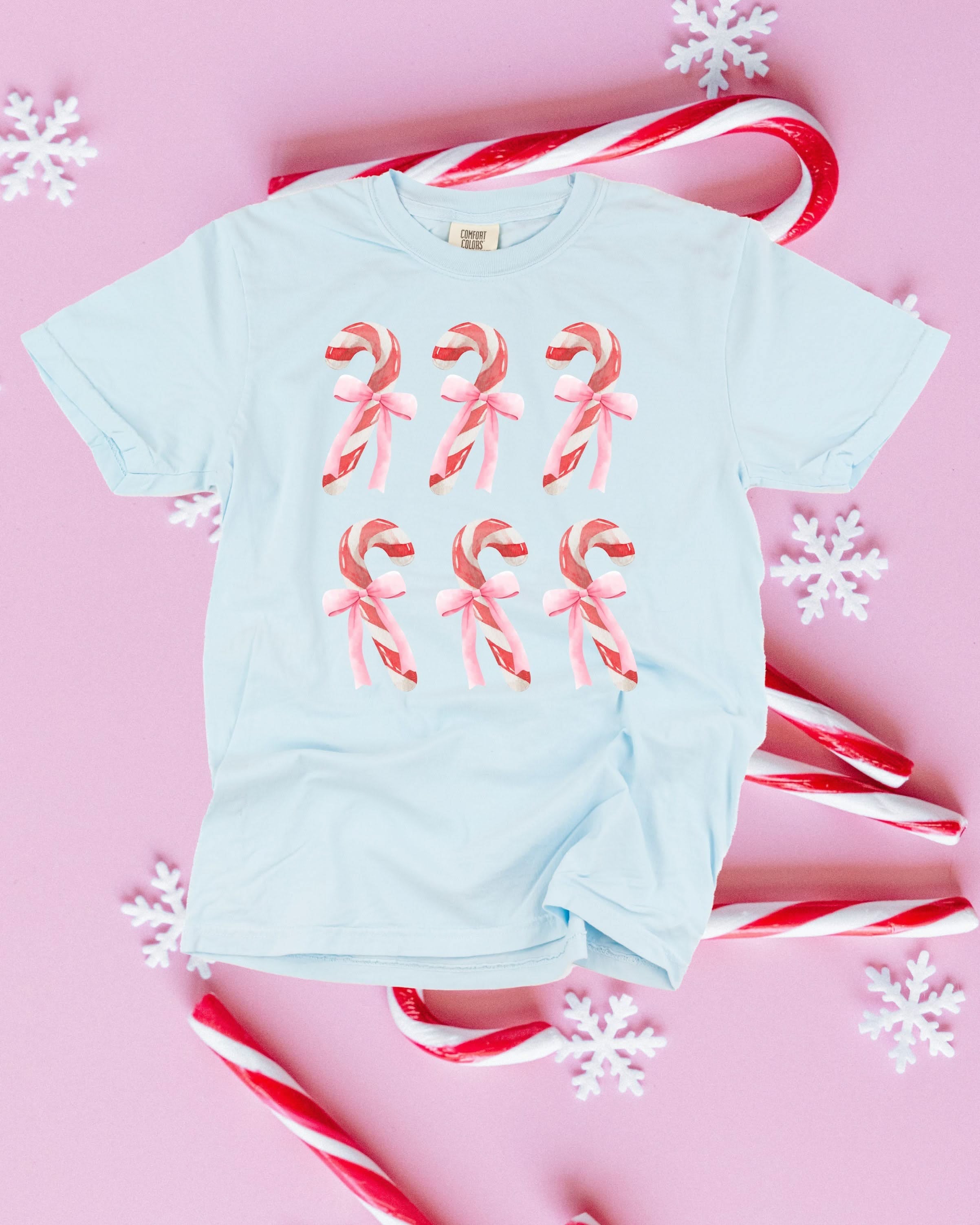 Comfort Colors Tee in chambray with 6 candy canes on chest, shown on flat lay – Little Mama Shirt Shop
