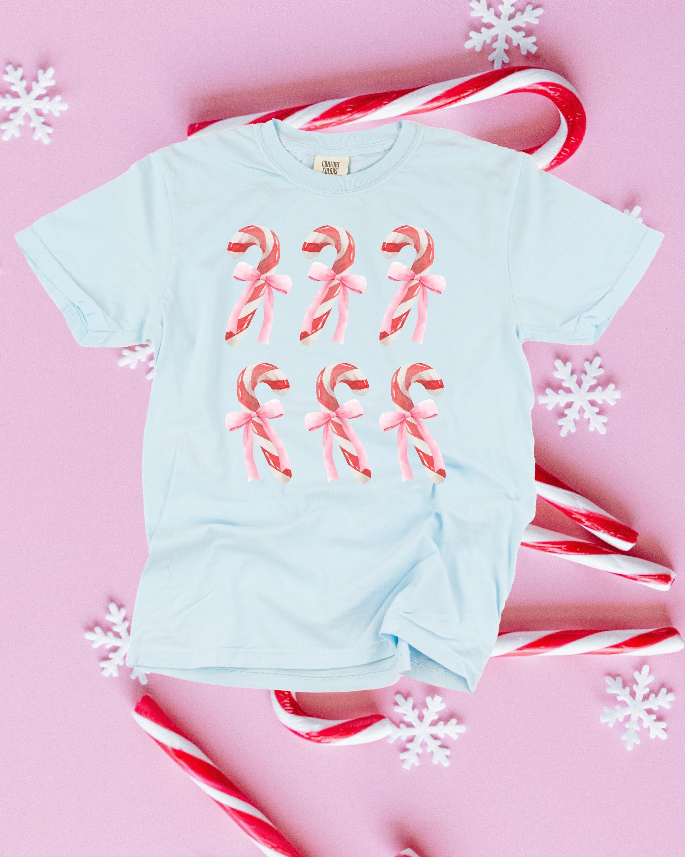 Comfort Colors Tee in chambray with 6 candy canes on chest, shown on flat lay – Little Mama Shirt Shop