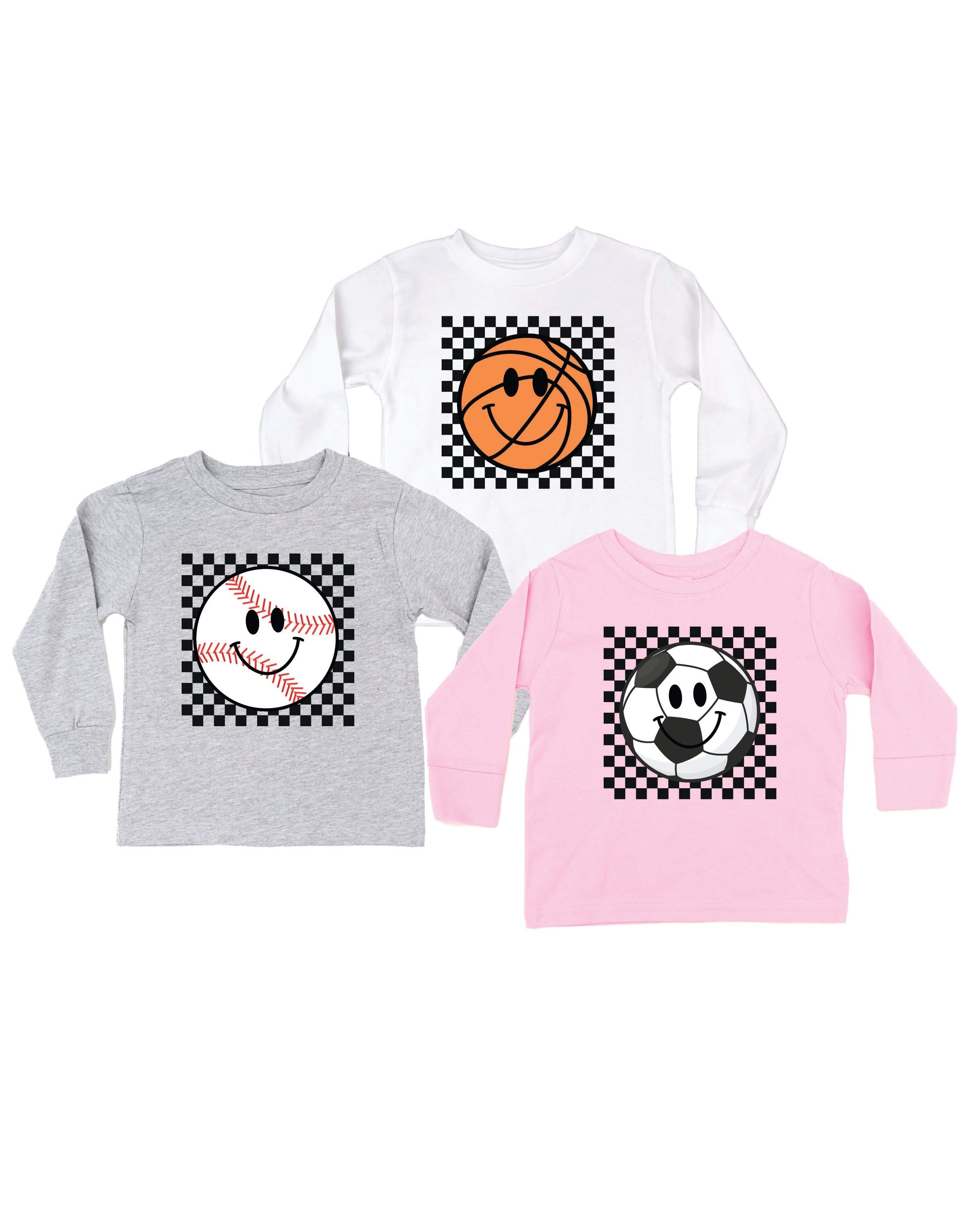 Checkers Smiley - (Choose Your Sports Ball)  - Child Long Sleeve Tee Little Mama Shirt Shop