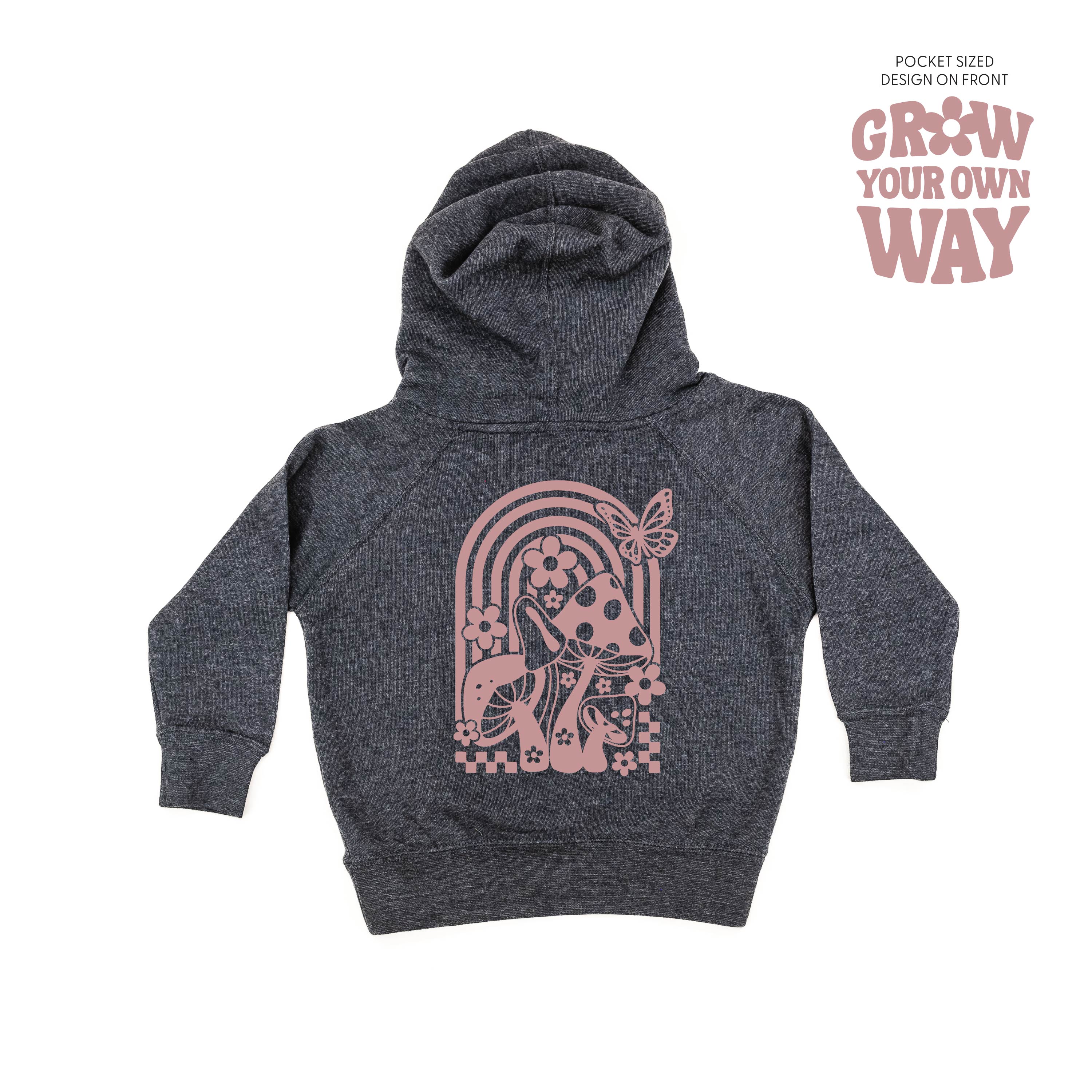 Grow Your Own Way (Pocket Front) w/ Mushrooms on Back - Child Hoodie Little Mama Shirt Shop LLC