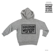 Home School Is Cool Pocket Design on Front w/ Full Our Classroom Is Wherever We Are On Back - Child Hoodie Little Mama Shirt Shop LLC