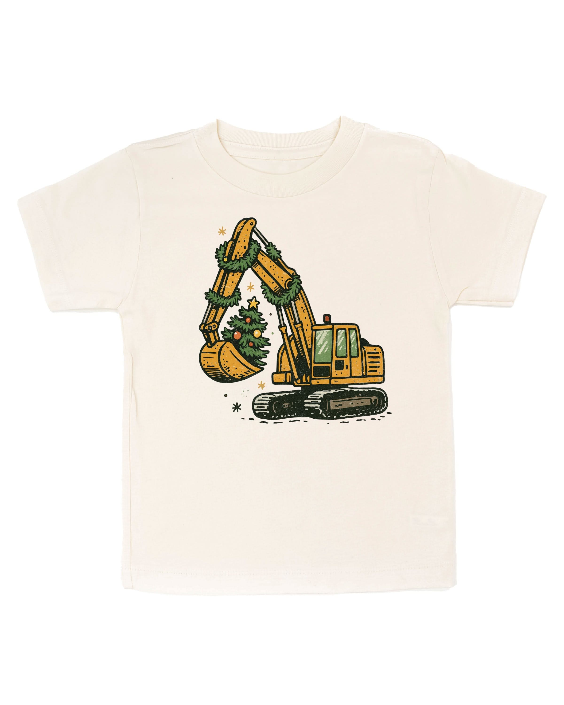 Child tee in natural with Christmas Excavator on front, shown on flat lay – Little Mama Shirt Shop