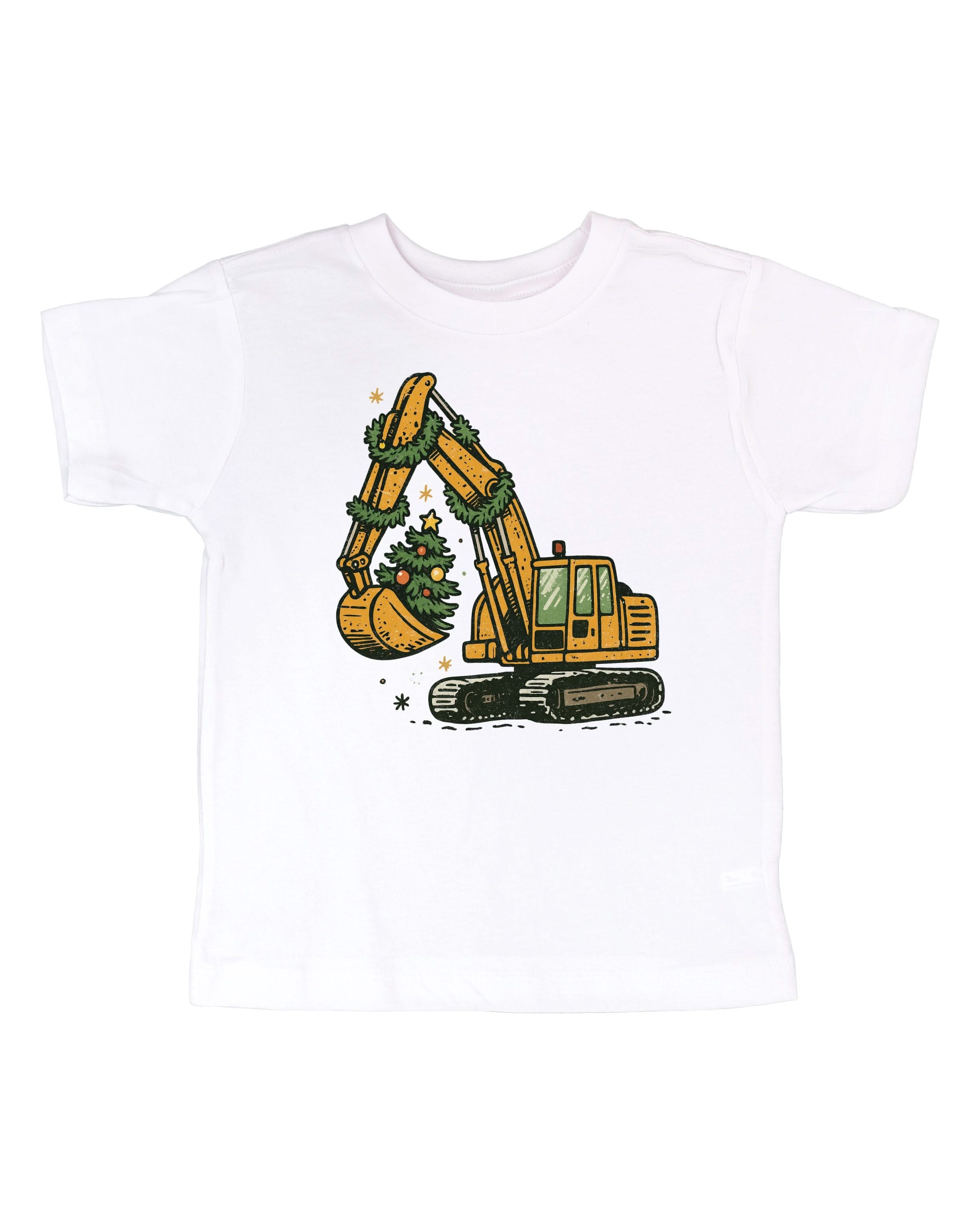 Child tee in white with Christmas Excavator on front, shown on flat lay – Little Mama Shirt Shop