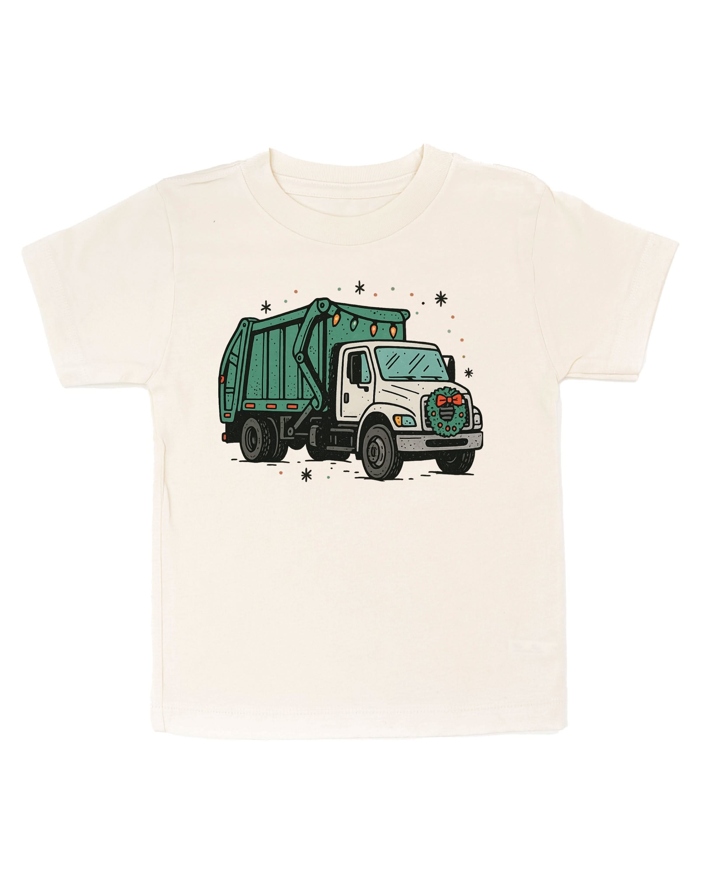 Child tee in natural with Christmas Garbage Truck on front, shown on model – Little Mama Shirt Shop