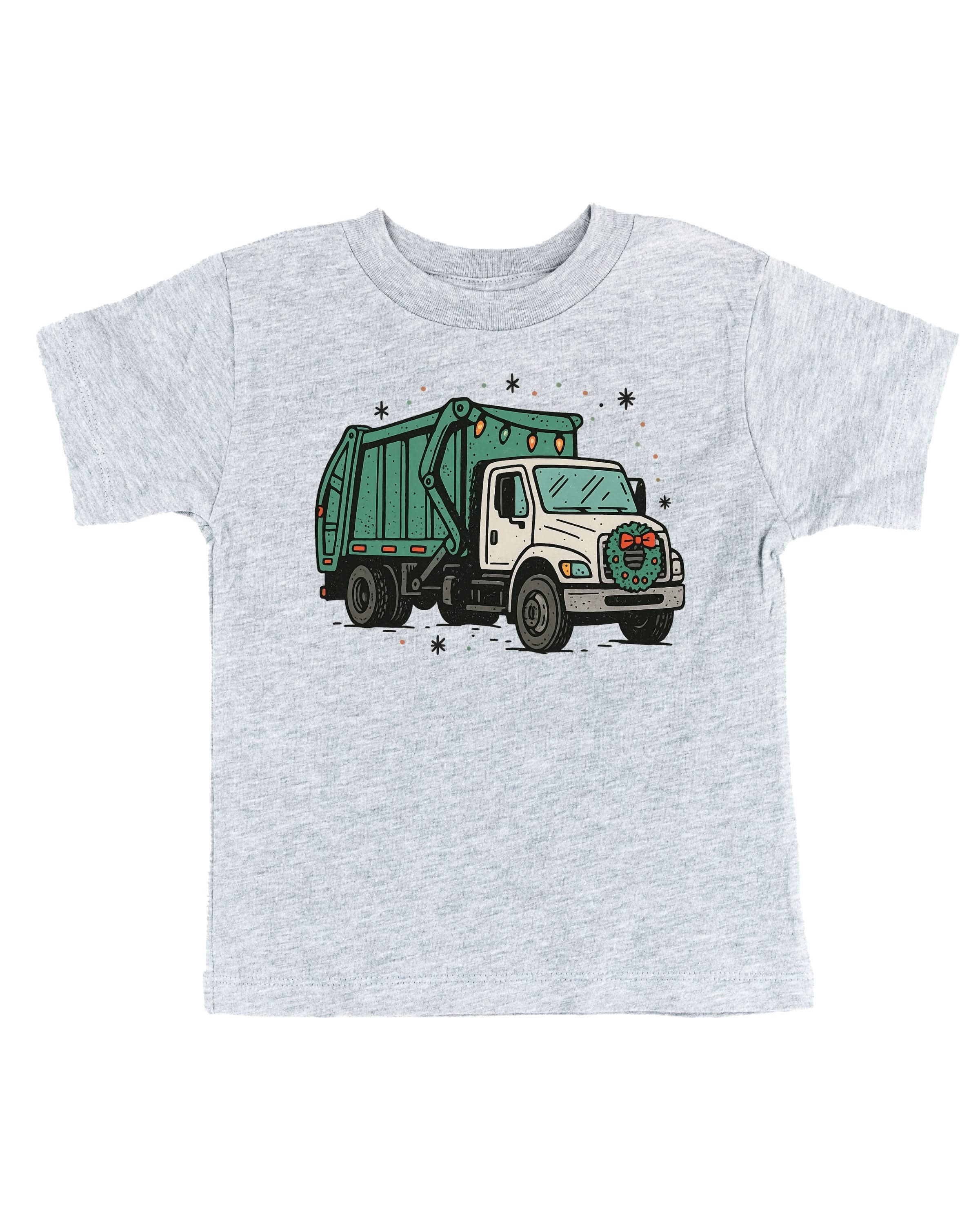 Child tee in gray with Christmas Garbage Truck on front, shown on model – Little Mama Shirt Shop