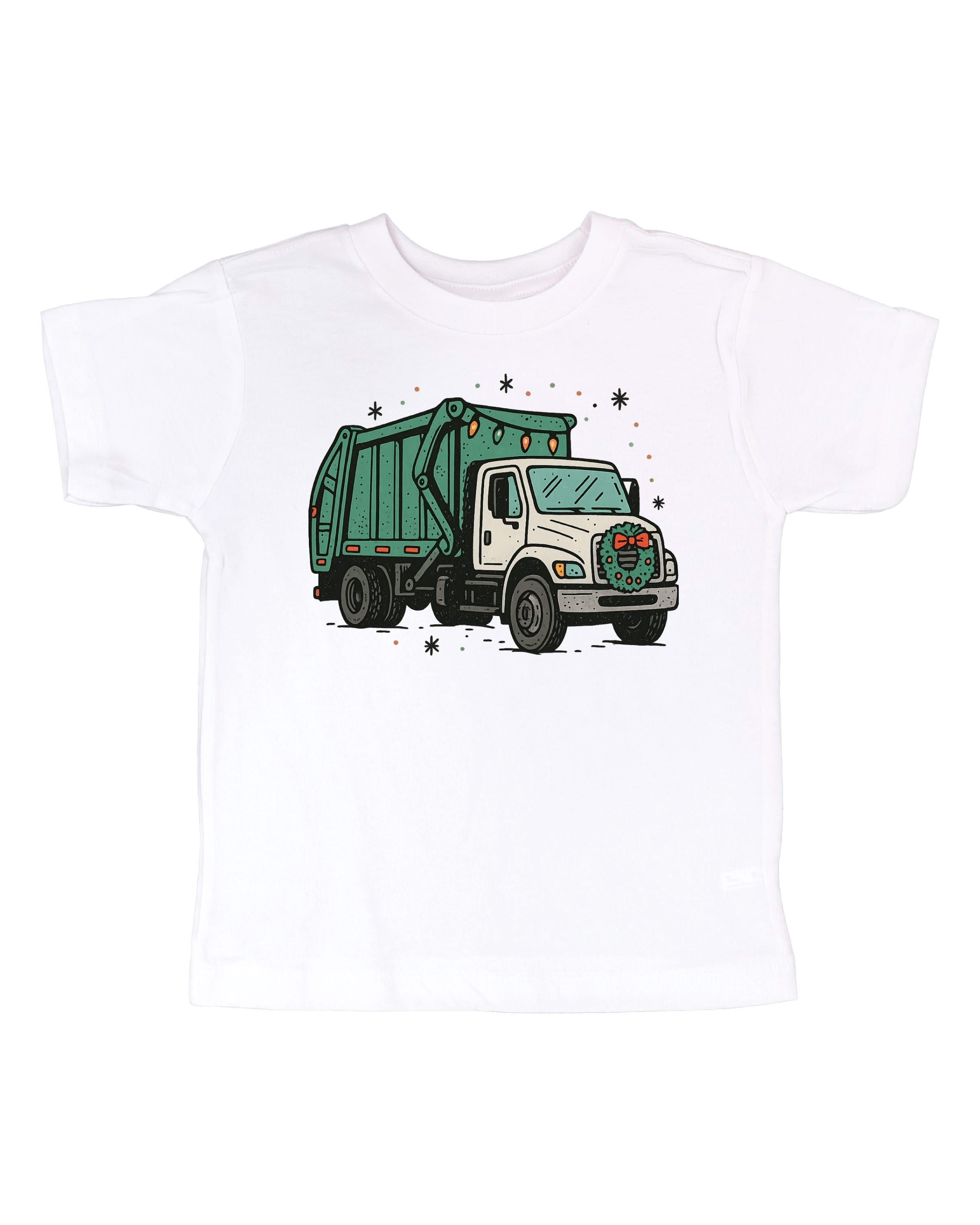Child tee in white with Christmas Garbage Truck on front, shown on model – Little Mama Shirt Shop