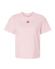 Adult tee in soft pink with Christmas mini symbol sleigh on front, shown on flat lay – Little Mama Shirt Shop