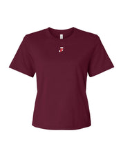 Adult tee in maroon with Christmas mini symbol stocking on front, shown on flat lay – Little Mama Shirt Shop