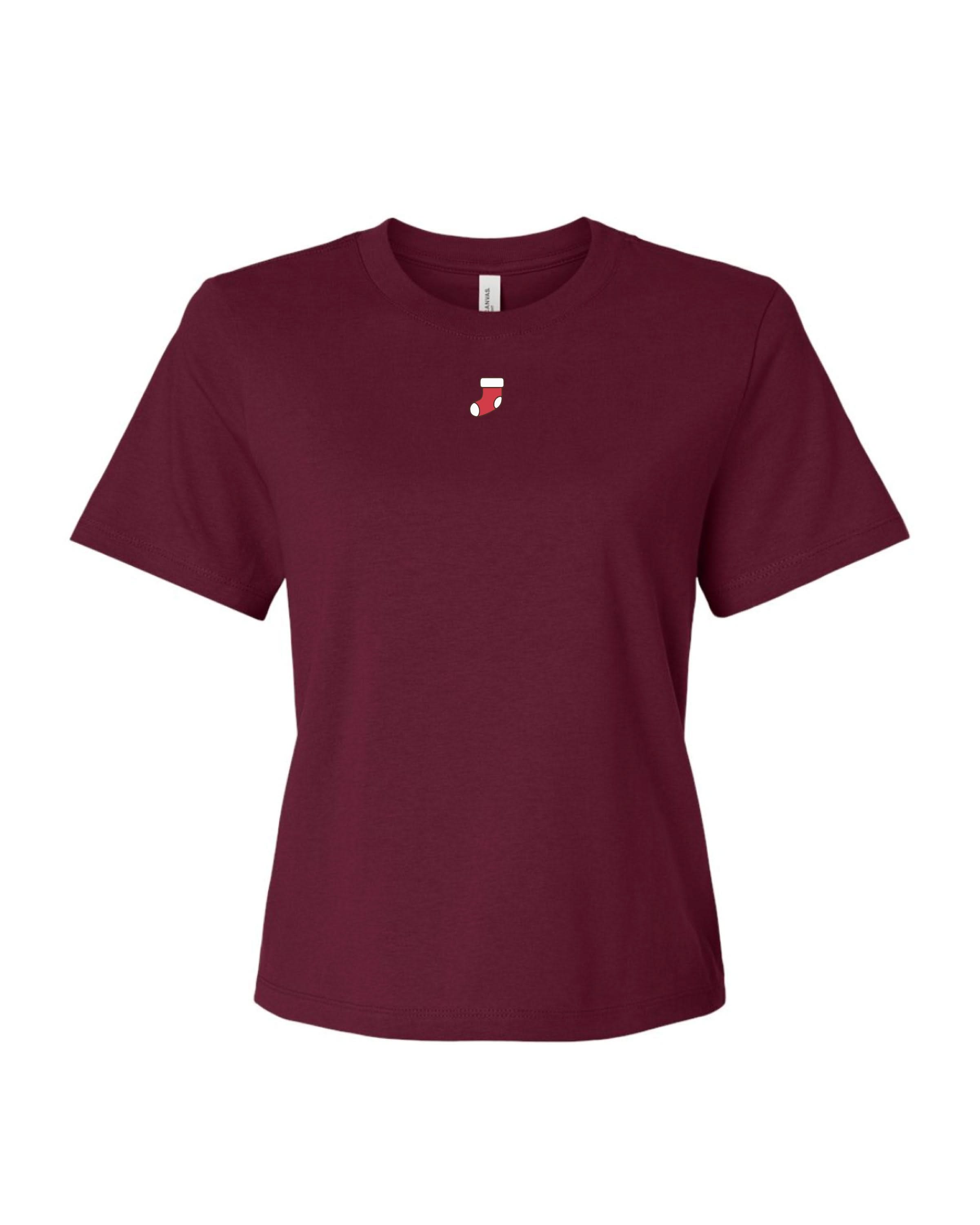Adult tee in maroon with Christmas mini symbol stocking on front, shown on flat lay – Little Mama Shirt Shop