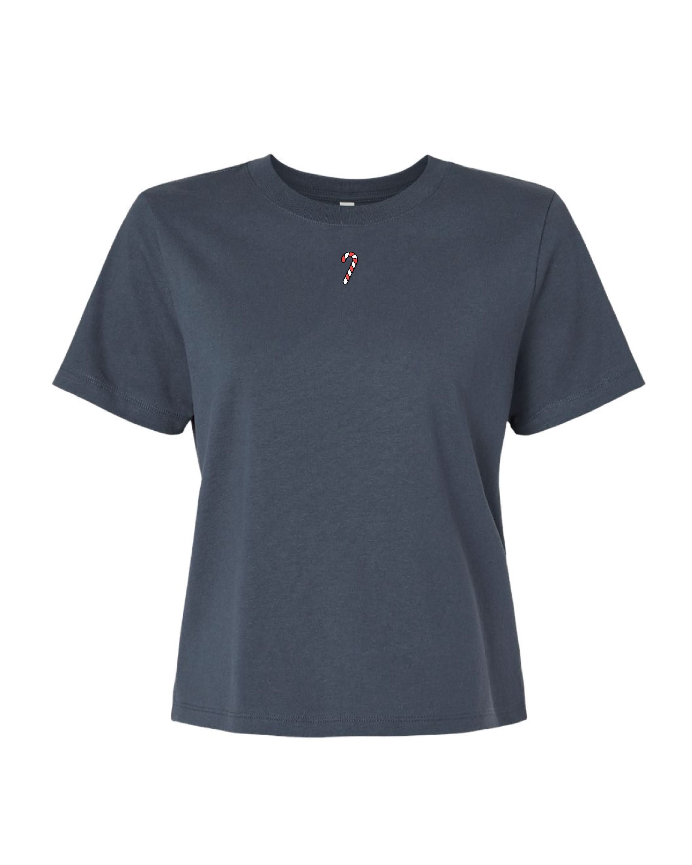 Adult tee in vintage navy with Christmas mini symbol candy cane on front, shown on flat lay – Little Mama Shirt Shop