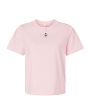 Adult tee in soft pink with Christmas mini symbol snowman on front, shown on flat lay – Little Mama Shirt Shop
