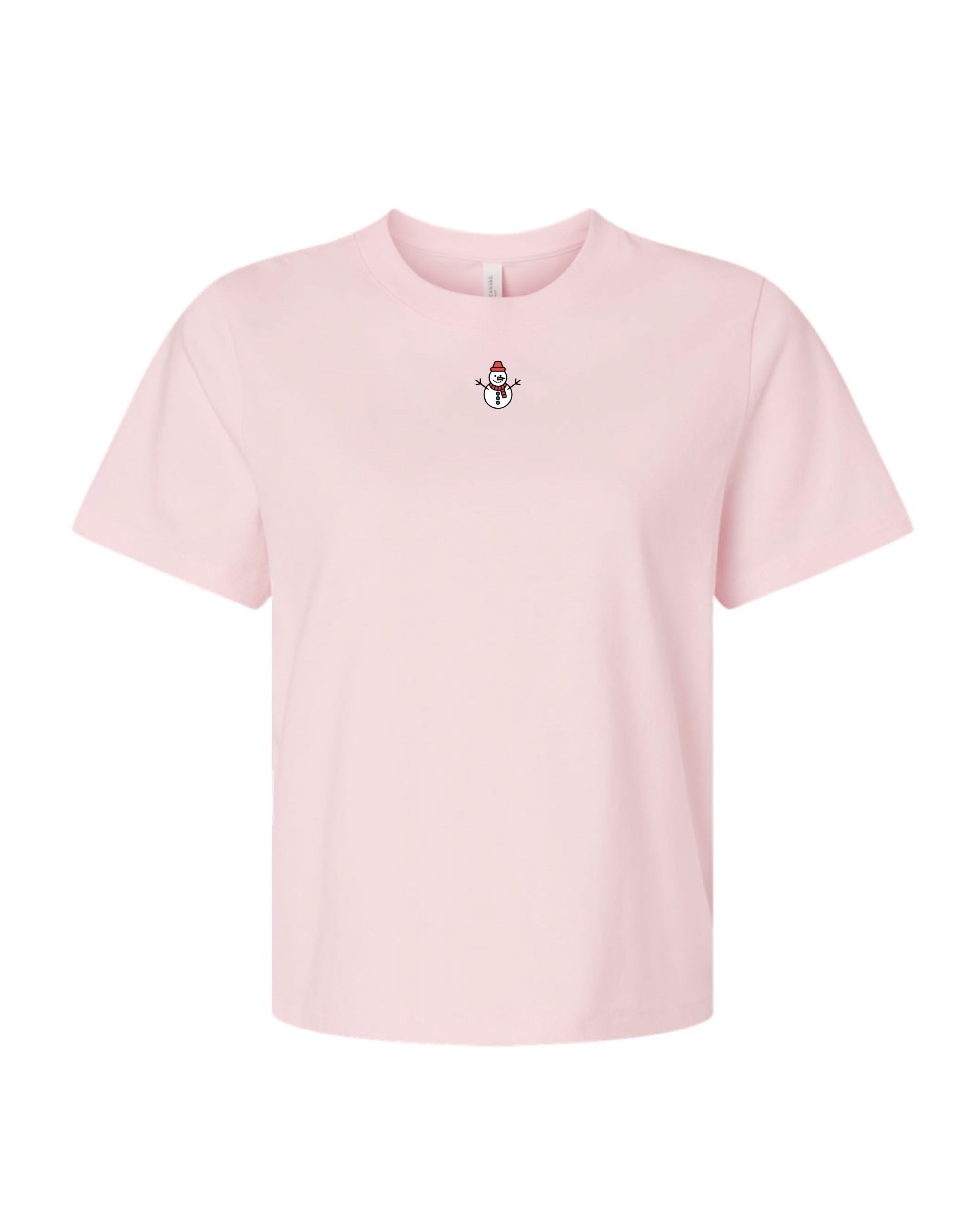 Adult tee in soft pink with Christmas mini symbol snowman on front, shown on flat lay – Little Mama Shirt Shop