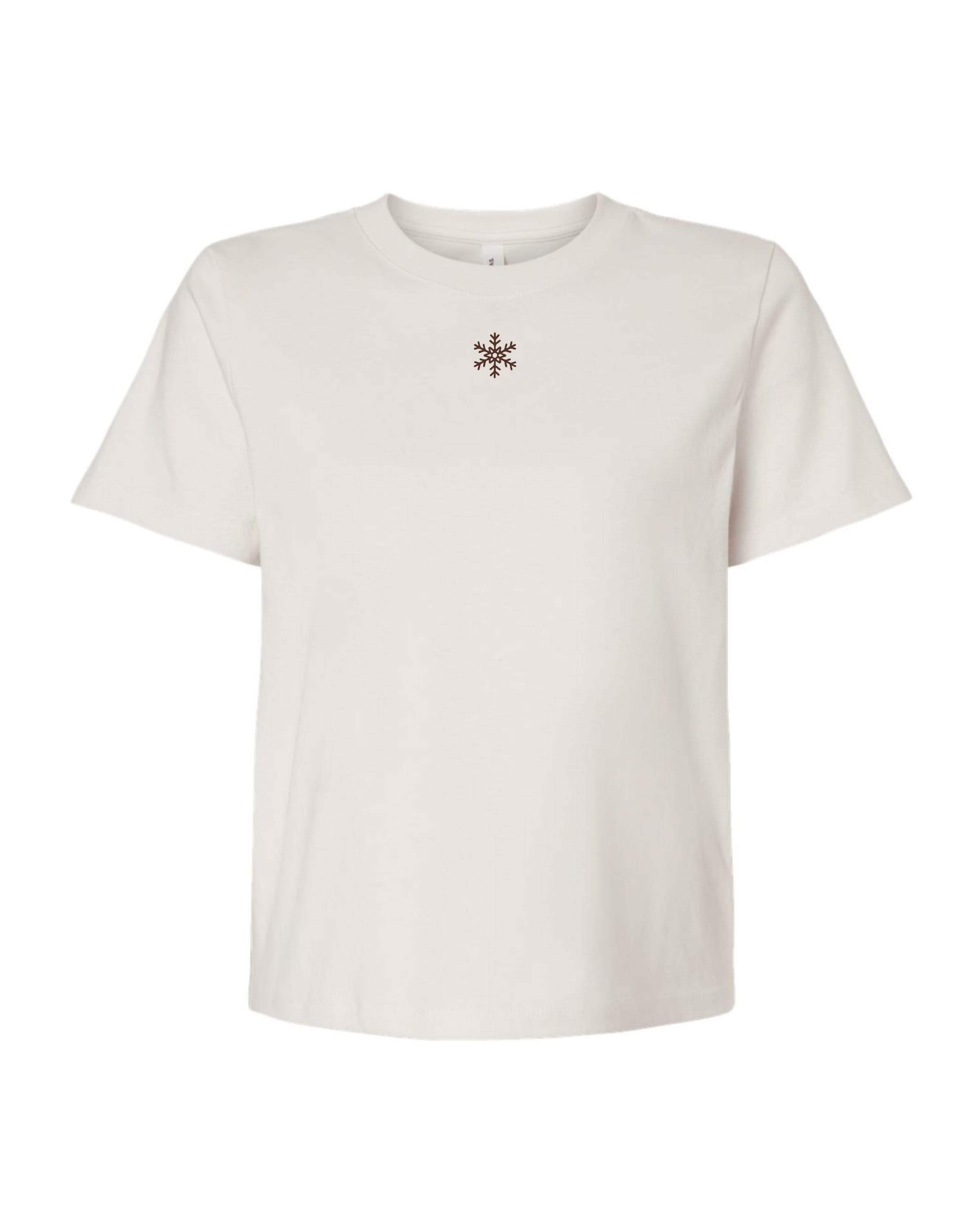 Adult tee in vintage white with Christmas mini symbol snowflake on front, shown on flat lay – Little Mama Shirt Shop