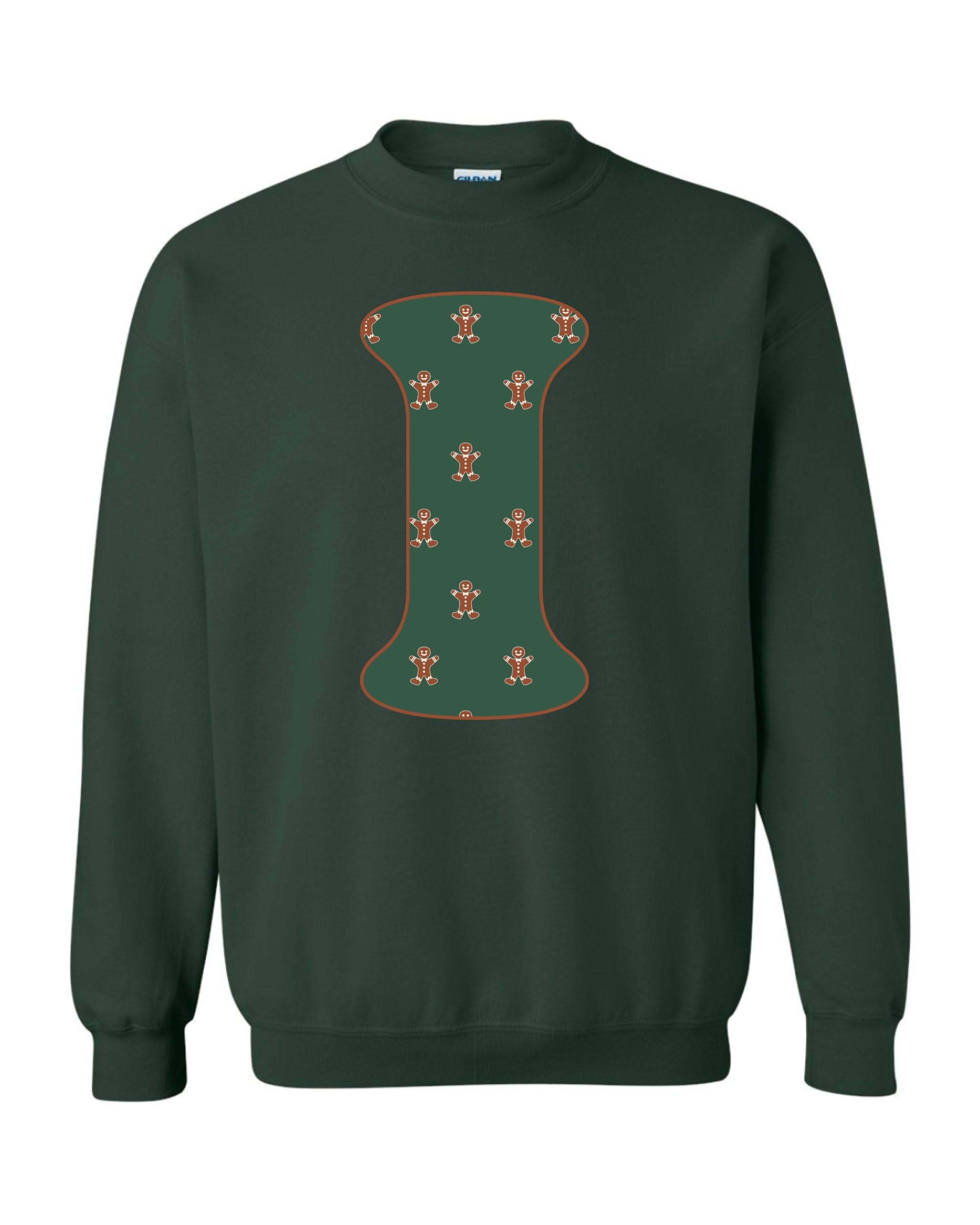 Adult Sweaters in forest with Christmas patterned gingerbread men with initial I on front, shown on flat lay – Little Mama Shirt Shop