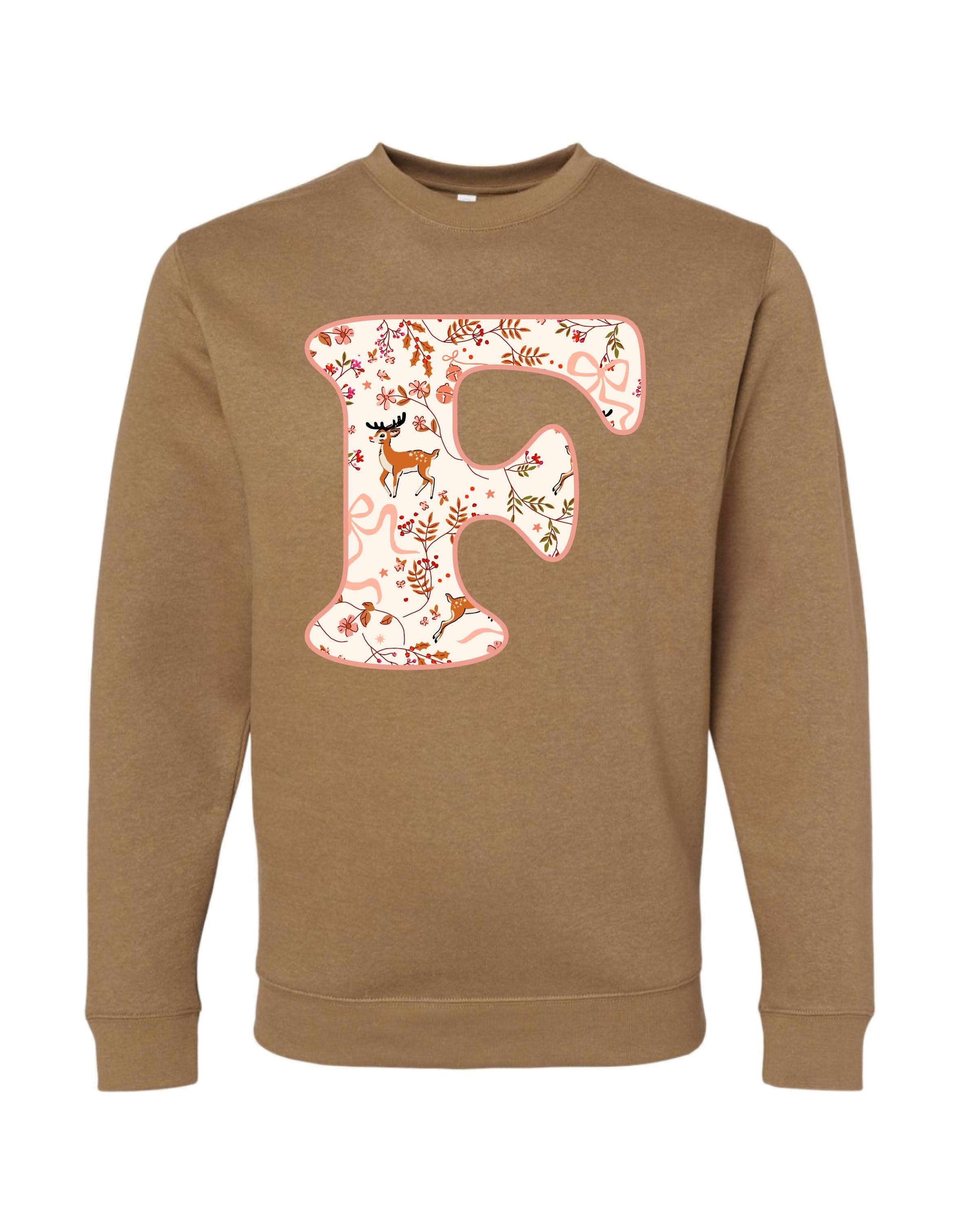 Adult Sweaters in coyote brown with Christmas patterned reindeer with initial F on front, shown on flat lay – Little Mama Shirt Shop