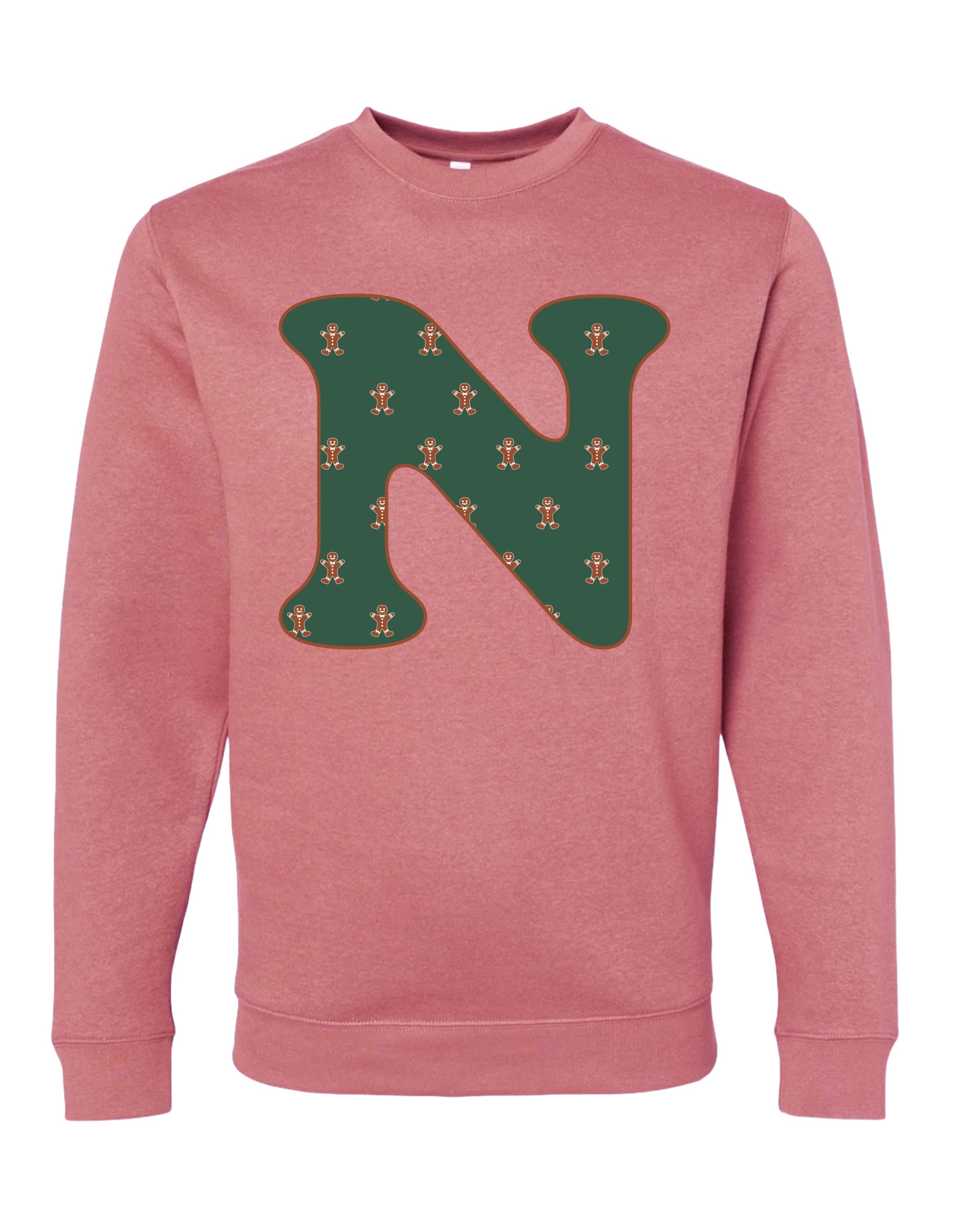 Adult Sweaters in mauvelous with Christmas patterned gingerbread men with initial N on front, shown on flat lay – Little Mama Shirt Shop
