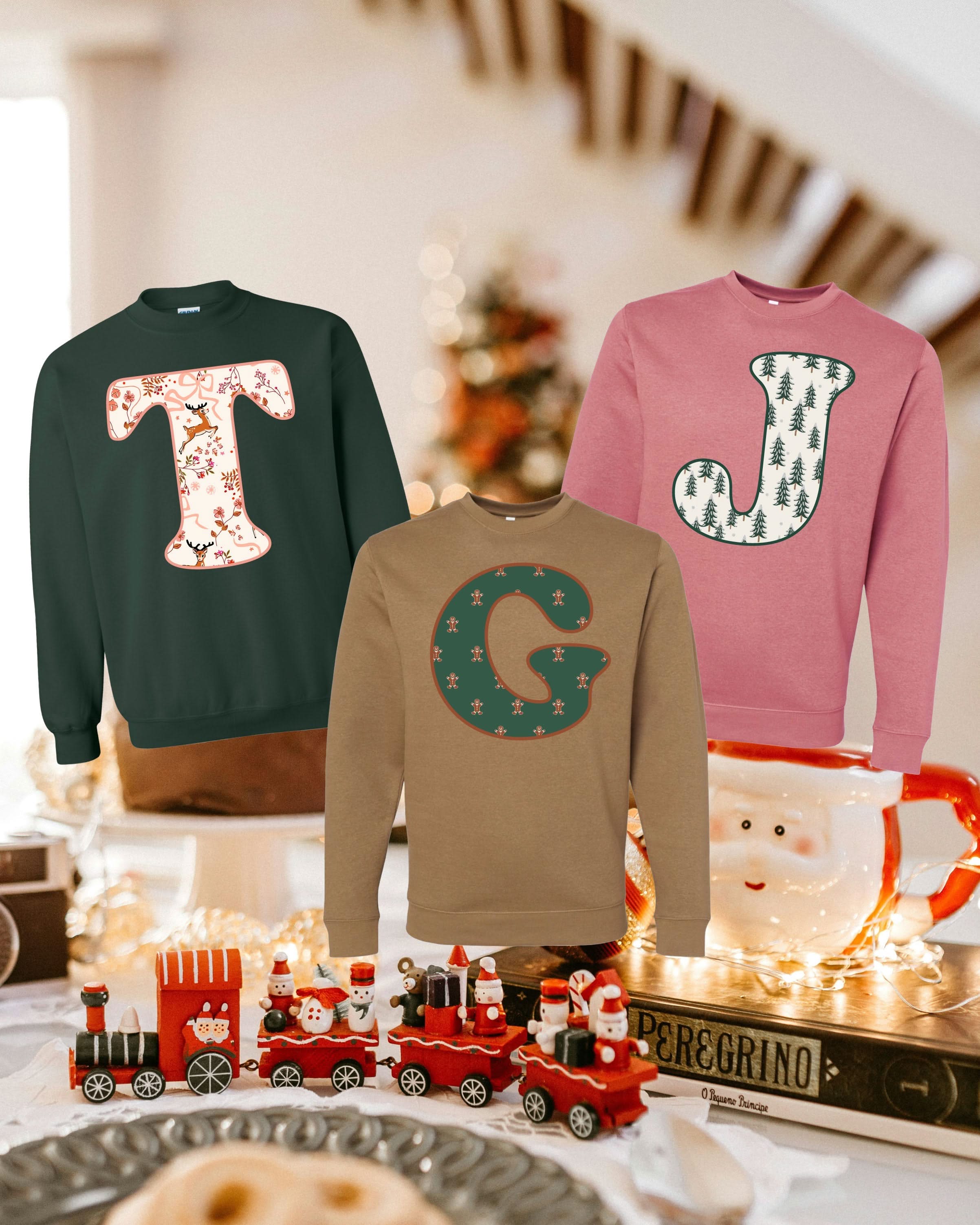 Adult Sweaters in forest, mauvelous, and coyote brown with Christmas patterned  initials on front, shown on flat lay – Little Mama Shirt Shop