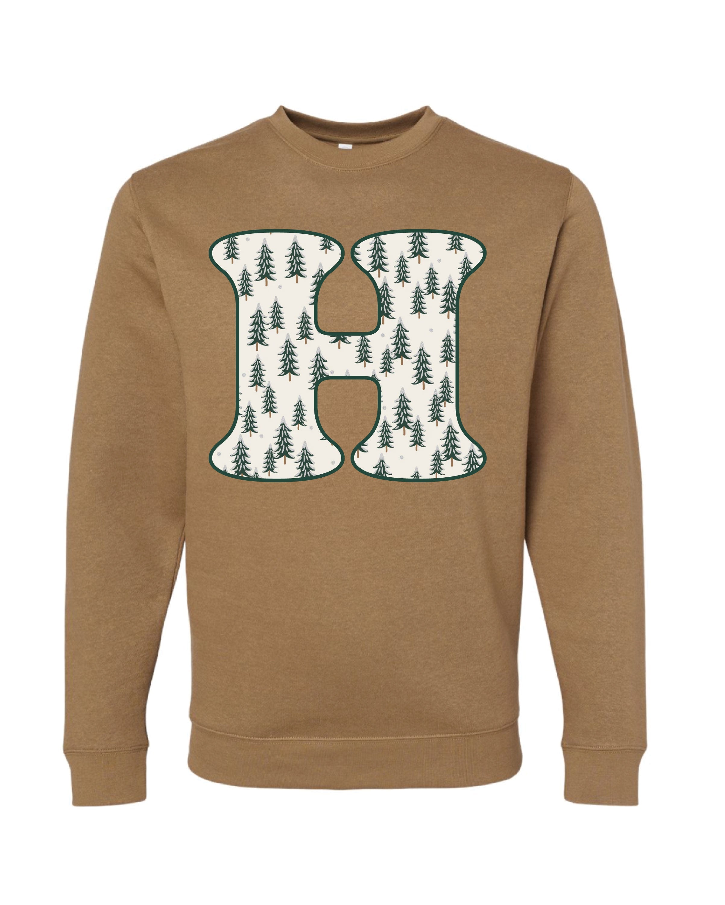 Adult Sweaters in coyote brown with Christmas patterned trees with initial H on front, shown on flat lay – Little Mama Shirt Shop