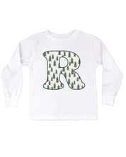 Child long sleeve in white with Christmas patterned trees initial R on front, shown on flat lay – Little Mama Shirt Shop