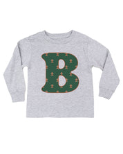 Child long sleeve in white with Christmas patterned gingerbread initial B on front, shown on flat lay – Little Mama Shirt Shop