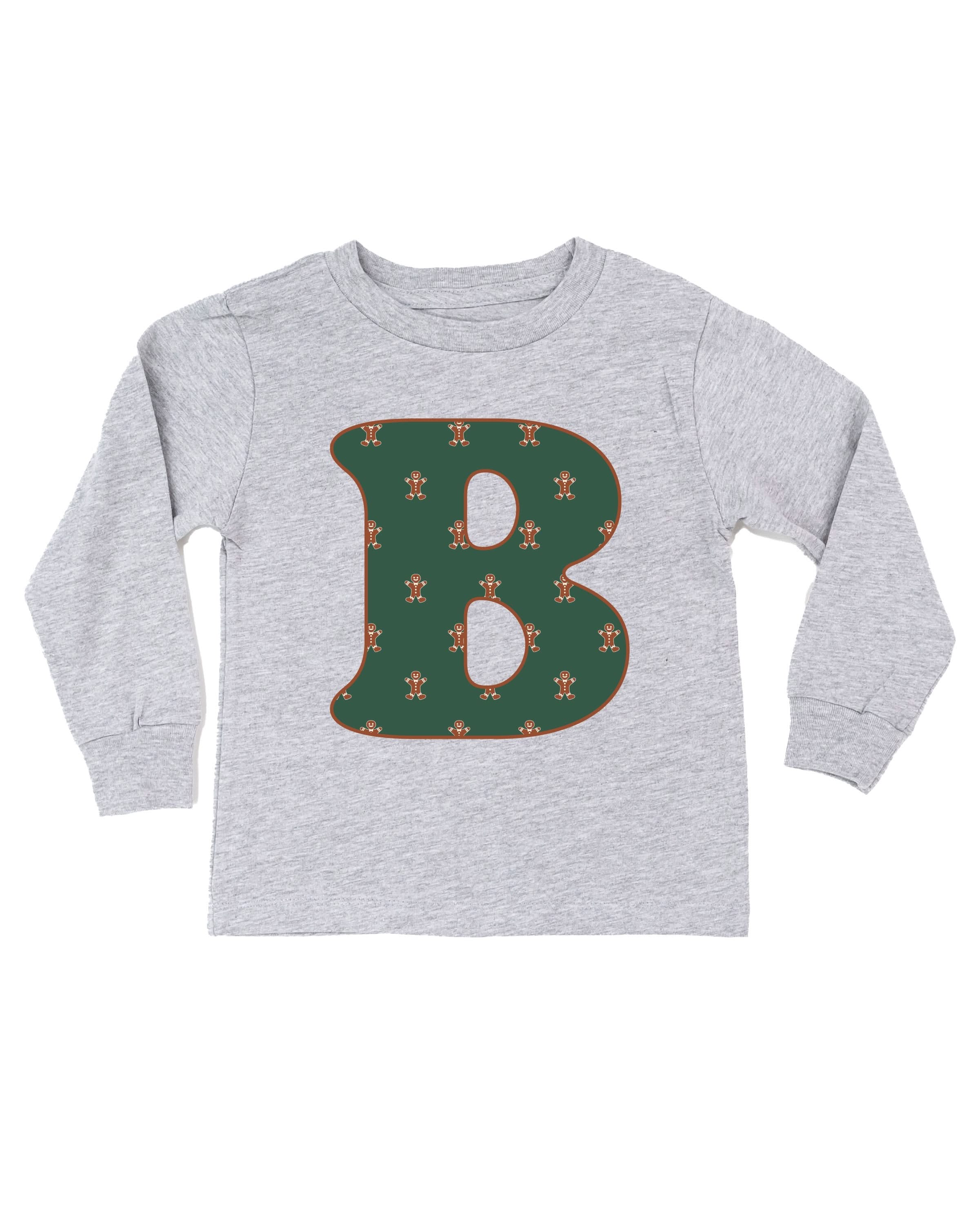 Child long sleeve in white with Christmas patterned gingerbread initial B on front, shown on flat lay – Little Mama Shirt Shop