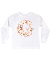 Child long sleeve in white with Christmas patterned reindeer initial G on front, shown on flat lay – Little Mama Shirt Shop
