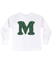 Child long sleeve in white with Christmas patterned gingerbread initial M on front, shown on flat lay – Little Mama Shirt Shop