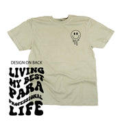 Living My Best Para Professional Life - Melty Smiley (pf & b) - Comfort Colors Tee Little Mama Shirt Shop