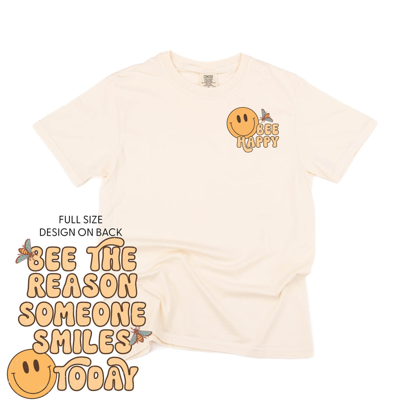 Bee Happy (Pocket) on Front w/ Bee the Reason Someone Smiles Today on Back - SHORT SLEEVE COMFORT COLORS TEE