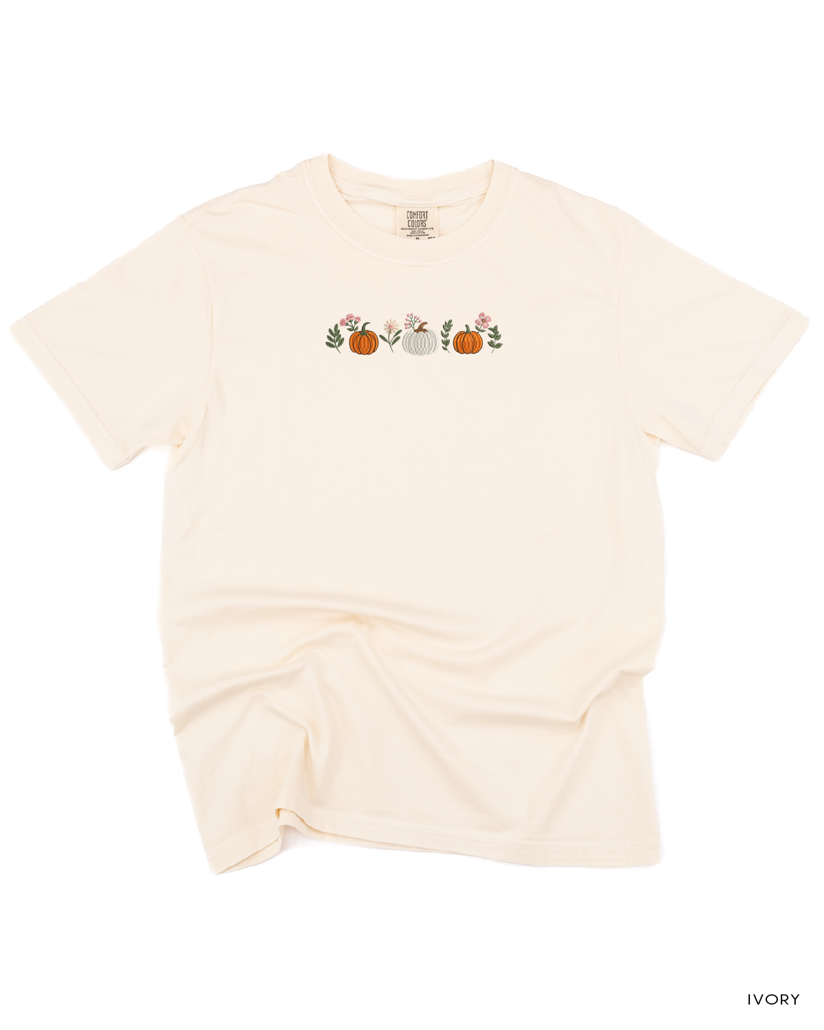 Embroidered Comfort Colors Tee - Pumpkins and Flowers (center) Little Mama Shirt Shop