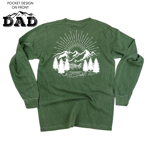 Dad w/ Mountains - Pocket Design (front) / Mountain Scene (Back) - LONG SLEEVE COMFORT COLORS TEE