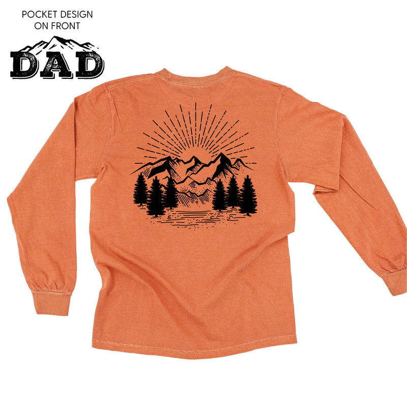 Dad w/ Mountains - Pocket Design (front) / Mountain Scene (Back) - LONG SLEEVE COMFORT COLORS TEE