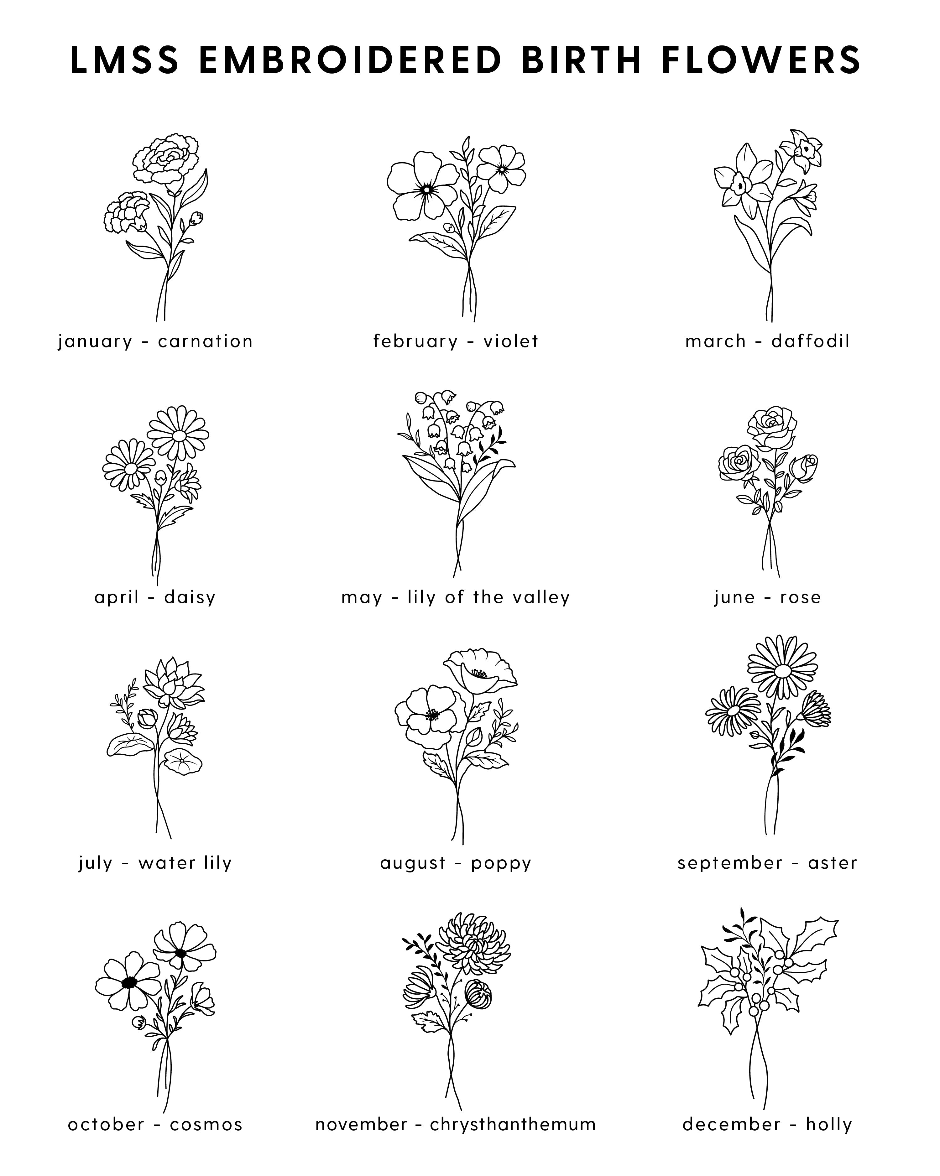 Embroidered PIGMENT Crewneck - 3 Birth Flower - Center w/ White Thread Little Mama Shirt Shop LLC