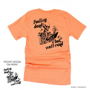 Feeling Dead But Well Read POCKET on Front w/ FULL DESIGN on Back - Unisex Tee Little Mama Shirt Shop