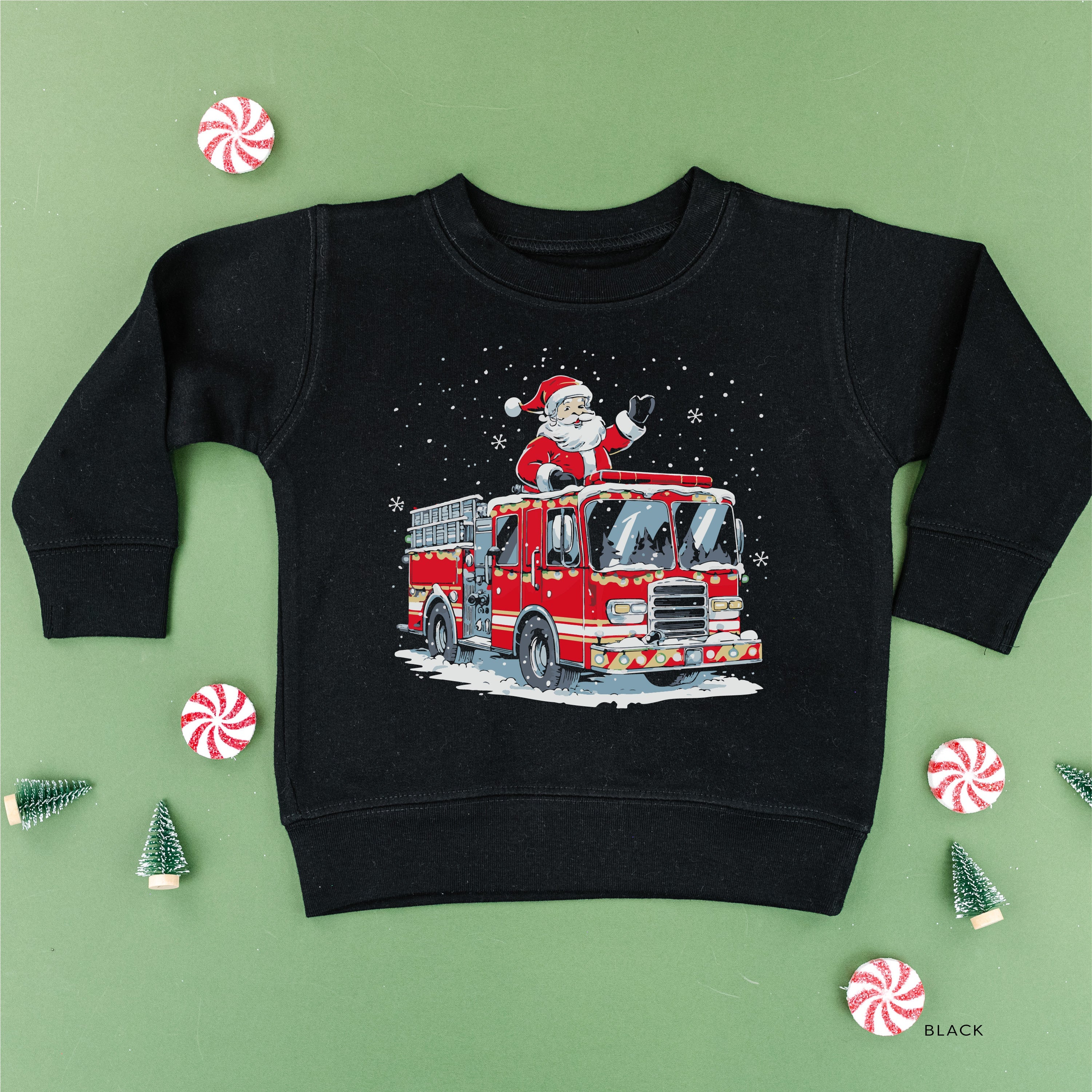 Firetruck Santa - Child Black Sweater Little Mama Shirt Shop