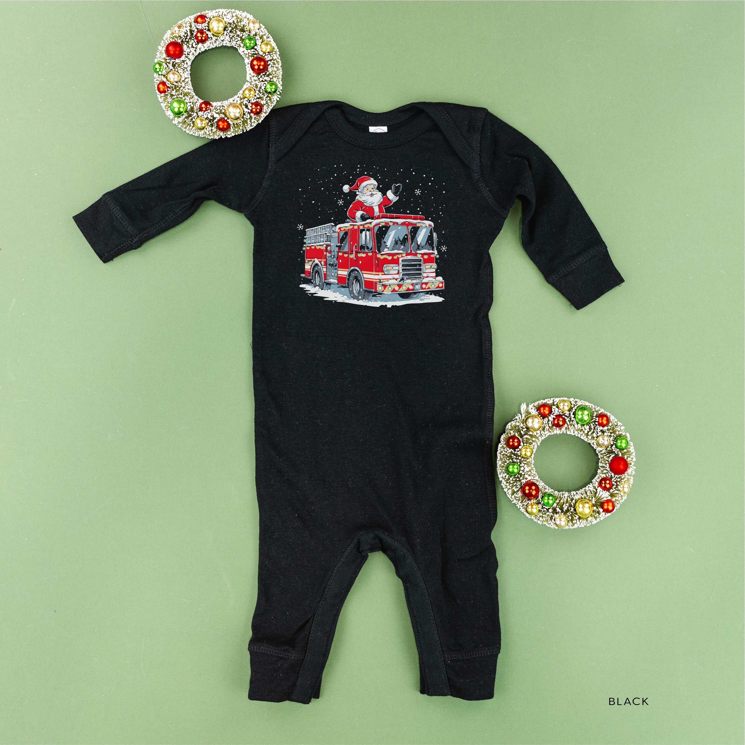 Firetruck Santa - Black Baby Sleeper Little Mama Shirt Shop